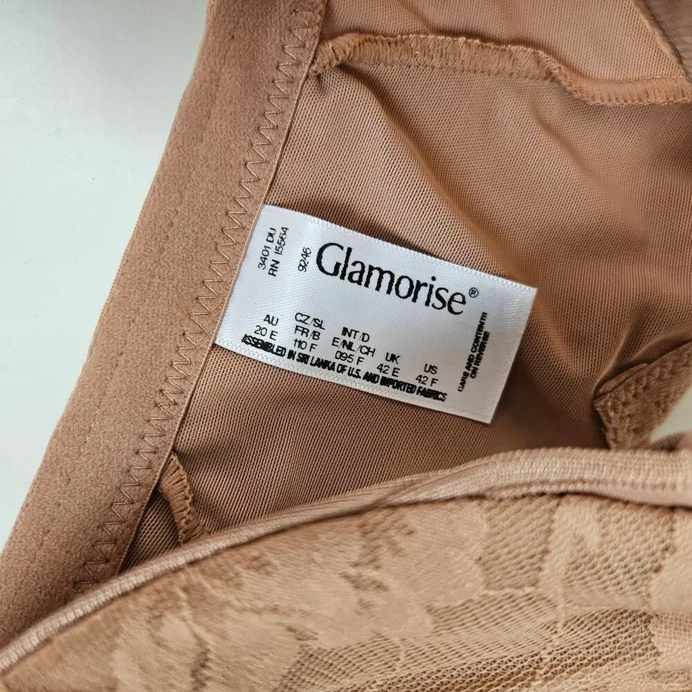 Glamorise Lacey T‎ Back Front Close Wonderwire Underwire Bra 42F Dark Nude Beige